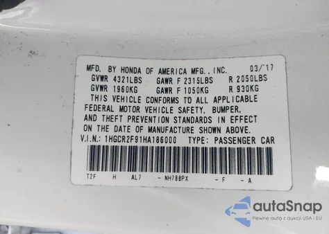 2017 Honda Accord Ex-L z USA, uszkodzony, nr VIN 1HGCR2F91HA186000